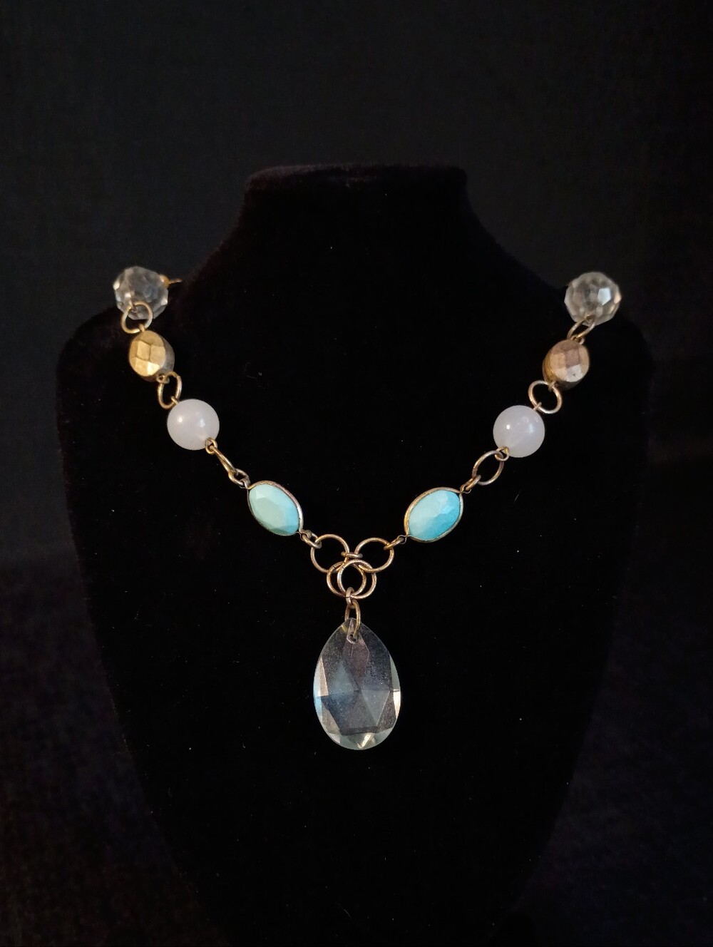 Elegant Gold, Clear and Blue Beaded Necklace